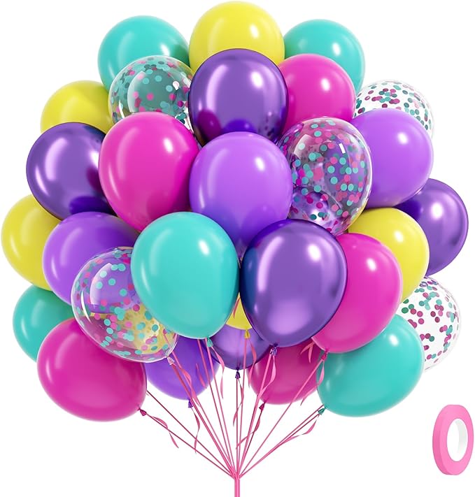 60pcs 12inch Pink Purple Blue Balloons, Hot Pink Yellow Metallic Purple Teal Confetti Balloons for Theme Engagement Baby Shower Birthday Party Decorations