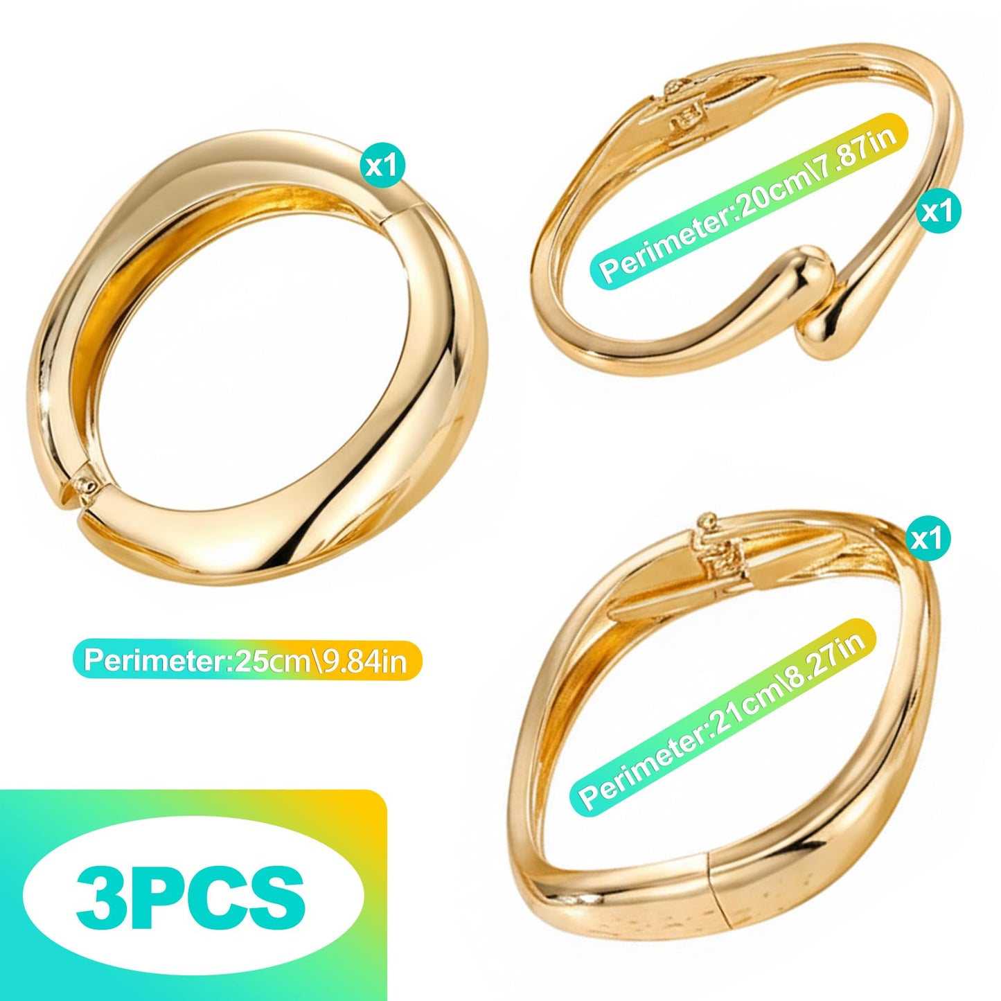 KornaDoz 3-Pack 14K Gold Plated Chunky Bracelet Set - Stackable Cuff Bangles, Trendy Statement Jewelry for Women