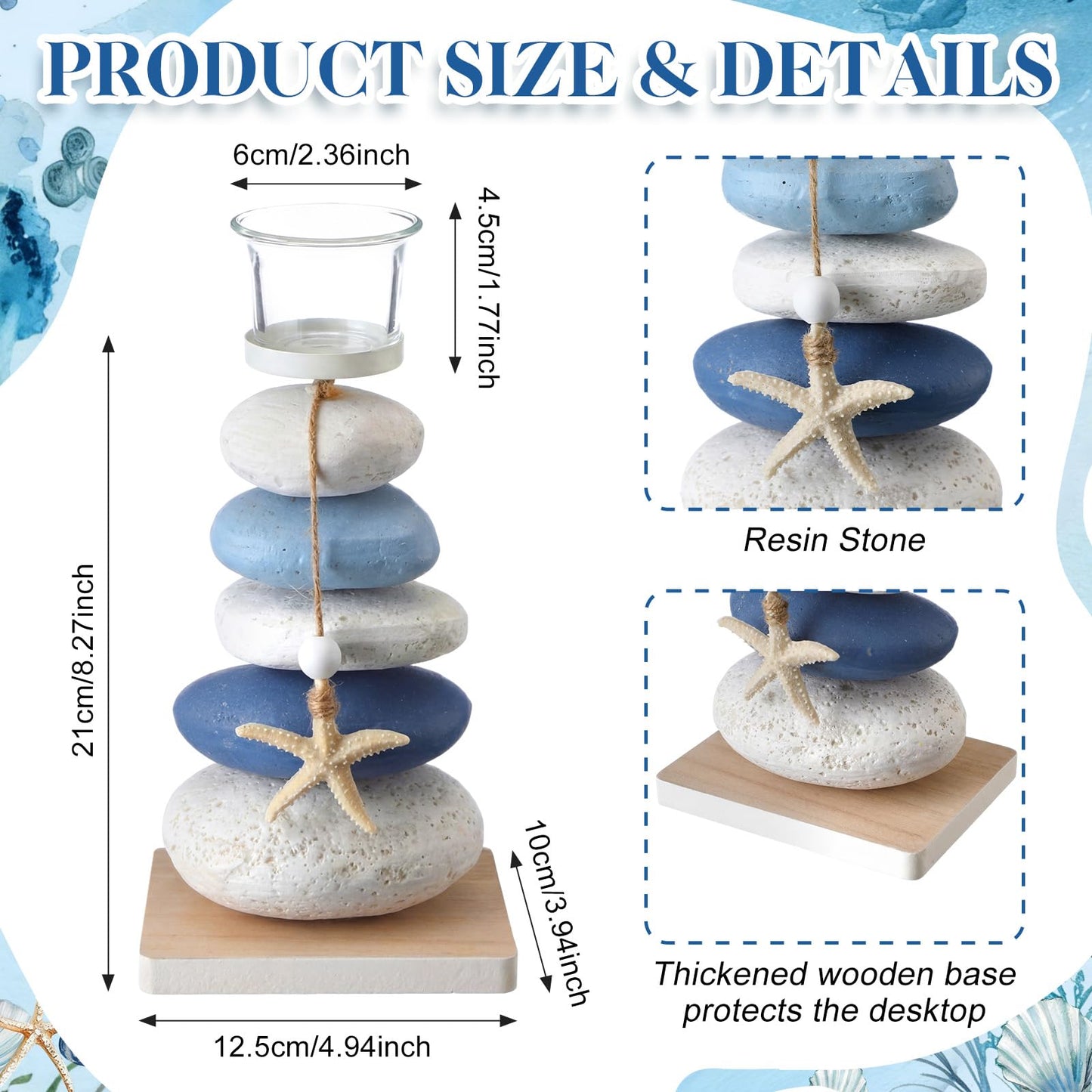 Mumufy 2 Pcs Farmhouse Coastal Candle Holder with Natural Stone Starfish, Stone Candle Holder Blue Teal Ocean Theme Drift Bottle Design Nautical Rustic Decor for Home Bathroom Table Centerpiece