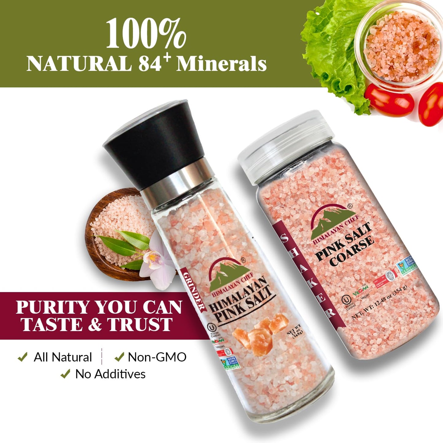 Himalayan Chef Himalayan Pink Salt Grinder & Pink Salt Shaker Refill Adjustable Grinder - Salt Mill and Salt Shaker | Set of 2