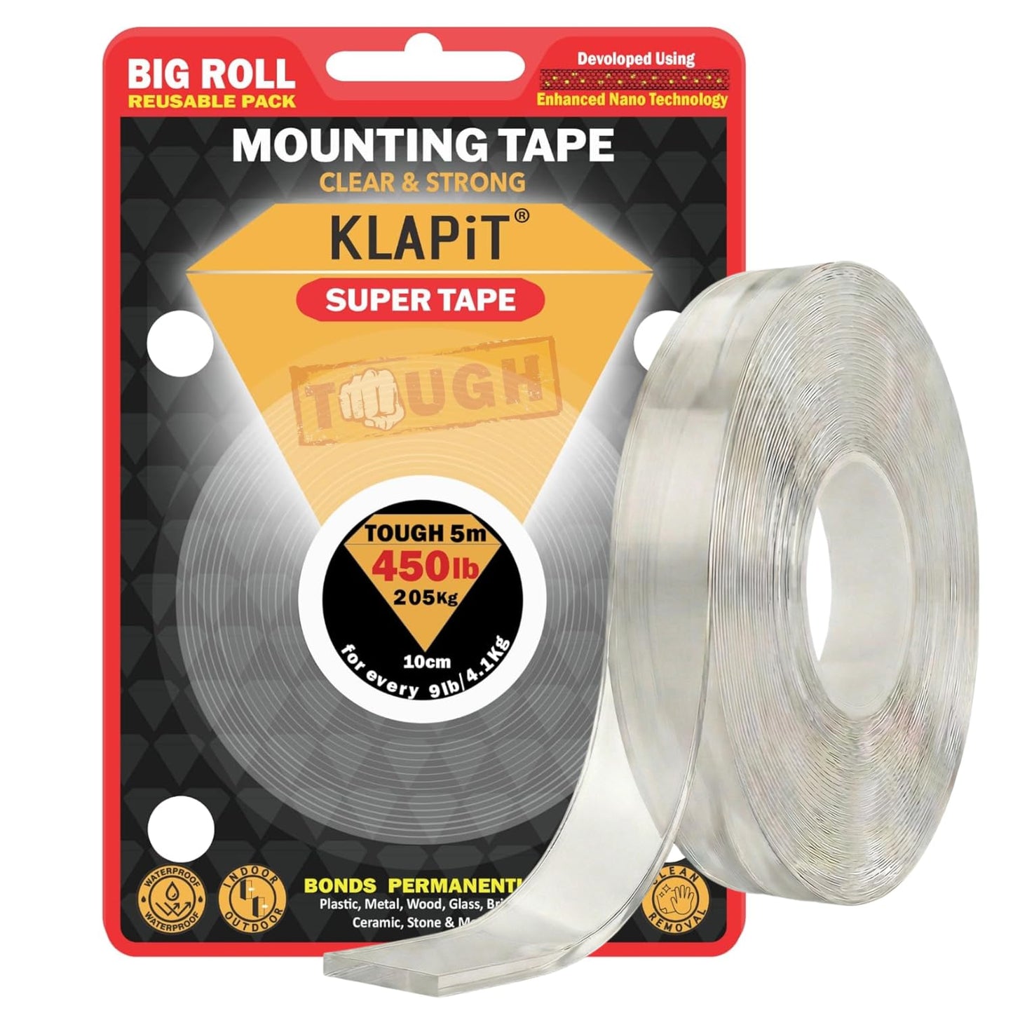 KLAPiT Super Tape 196in Clear Double Sided Heavy Duty Adhesive Tape, Enhanced Nano Technology Waterproof Mounting Tape Holds 450 lbs 2.28lb per Inch