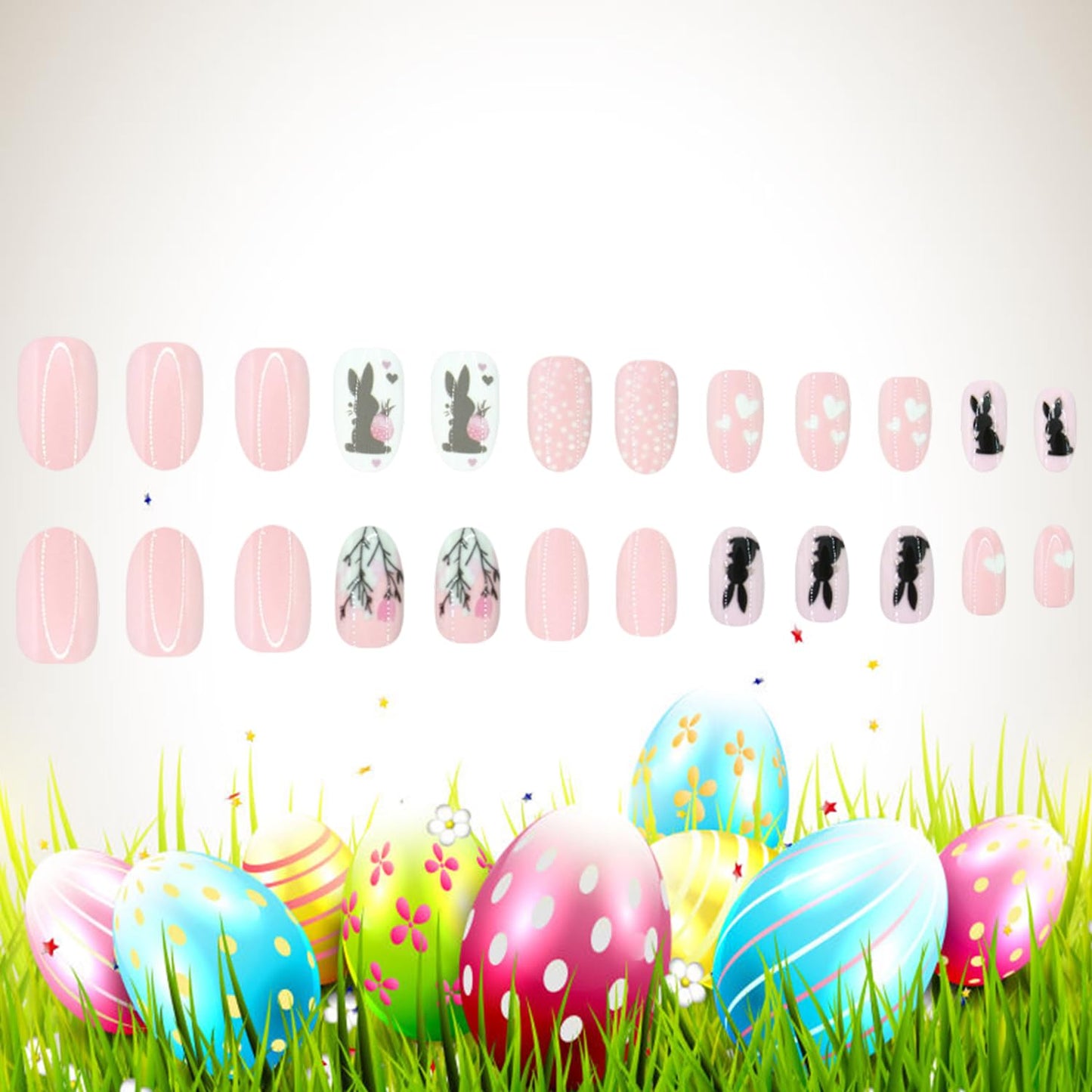 Flowers Easter Press on Nails Oval Shaped Artificial Acrylic Fingernails Nude Pink False Nails Black Rabbit Floral Spring Short Stick on Nail Full Cover Glossy Fake Nail for Women Festival Manicure
