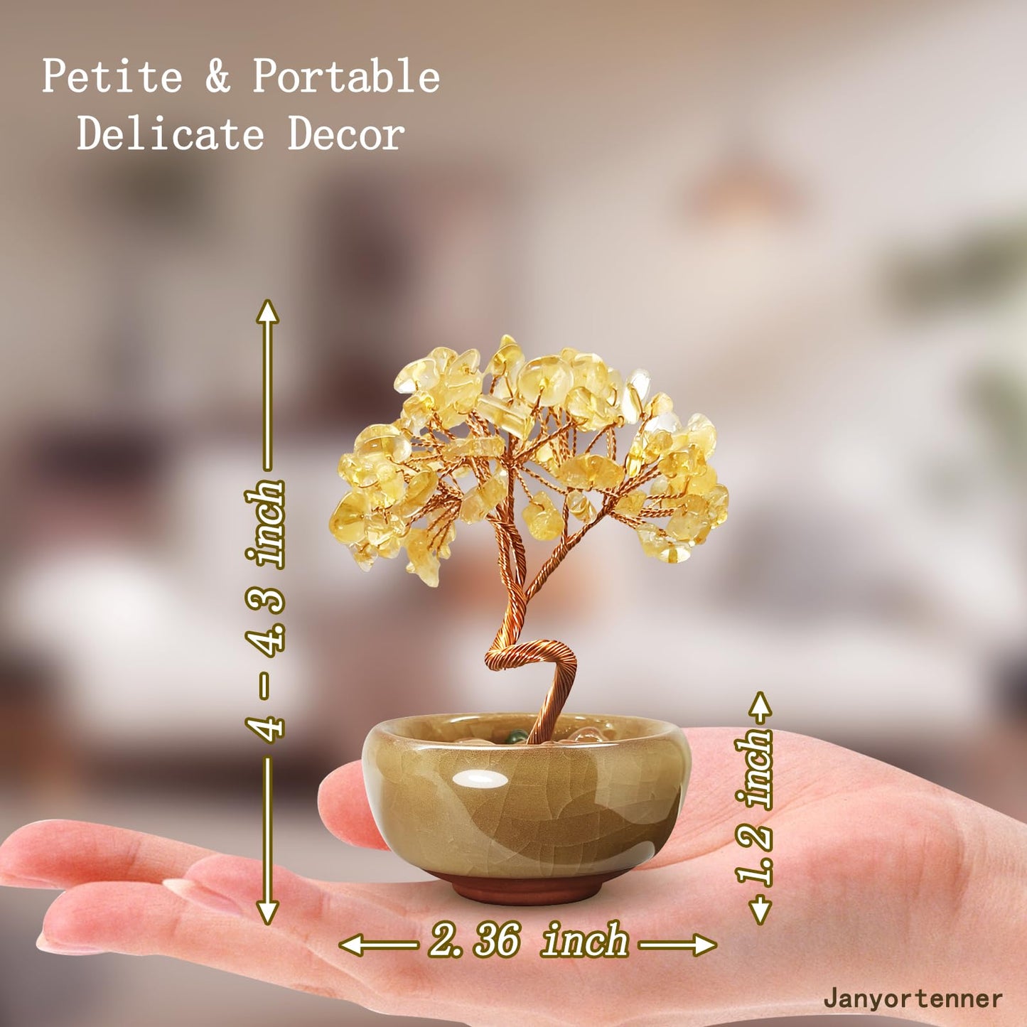 Janyortrenner Mini Citrine Crystal Money Tree,Wealth Home Office Desk Decor,Handmade Copper Wire in Crackle Ceramic Base,Feng Shui Office Gift