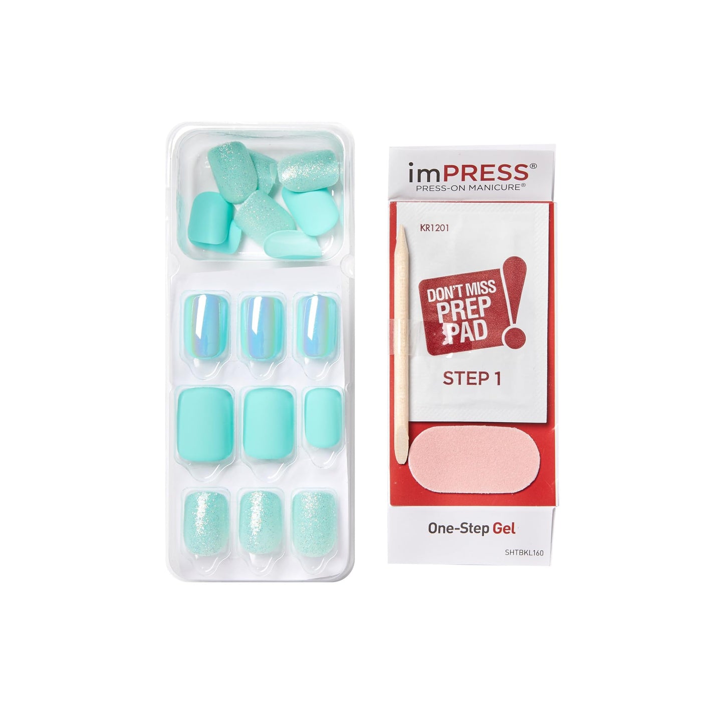 Kiss Impress No Glue Mani Press On Nails, Design, 'Rain Check', Blue, Short Size, Squoval Shape, Includes 30 Nails, Prep Pad, Instructions Sheet, 1 Manicure Stick, 1 Mini File