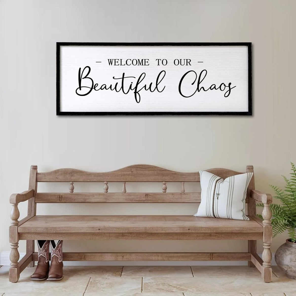 Welcome To Our Beautiful Chaos Sign Wall Decor Framed Wood 32X12 Inch For Rustic Home Living Room Entryway Bedroom Hanging Art (Wood)