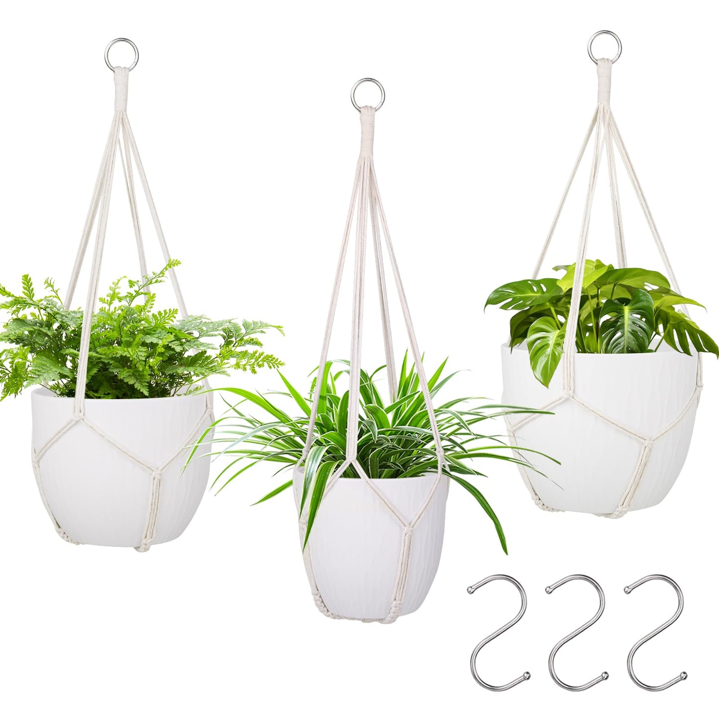 garini 3 Pack Different Size Macrame Plant Hanger,Hanging Plants Holder with 3 Hooks for Boho Home Decor(POTS NOT Included)
