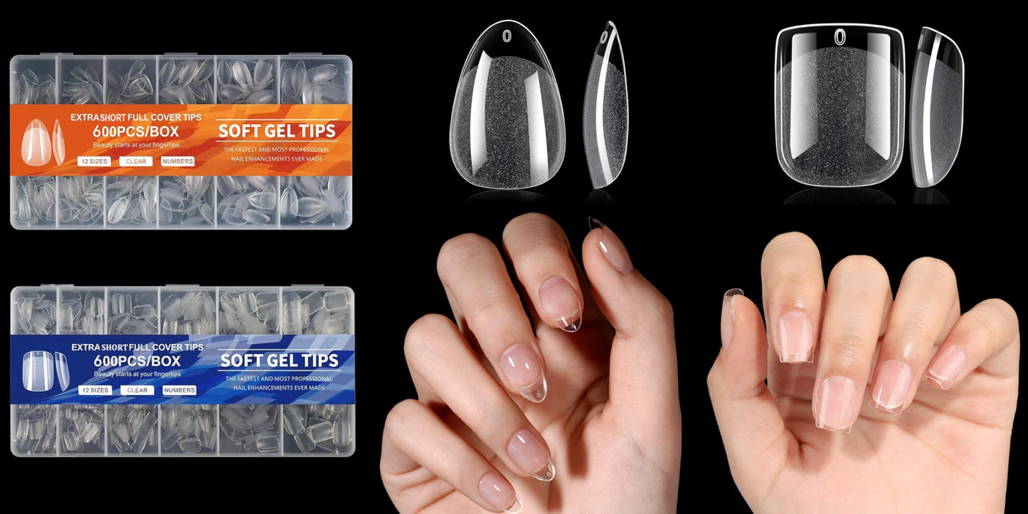 1200Pcs Extra Short Soft Gel Nail Tips 2 Styles Kit - Almond & Square Clear Press On Nails for Extension Manicure Home Salon DIY, 12 Sizes, BlueZOO
