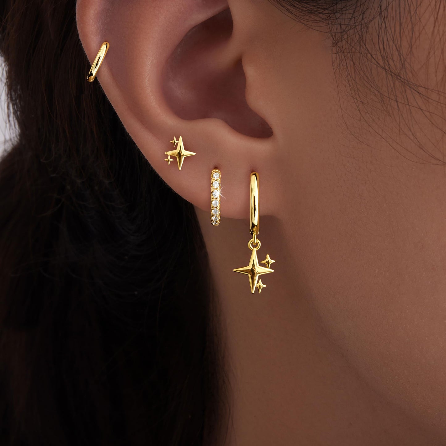 Gold Star Earrings for Women,Huggie Small Stack Cartilage Hoop Cross Stud Earring Sets for Multiple Double Piercing, Conch Helix Rook Tragus Daith Piercing Gold Clip On Jewelry Set Gifts