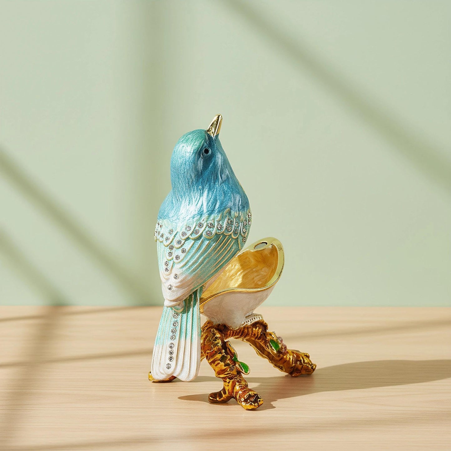 YU FENG Enamel Bird Trinket Box Jewelry Organizer, Hand Painted Decorative Hinged Keepsake Box – Blue Green Perched Bird