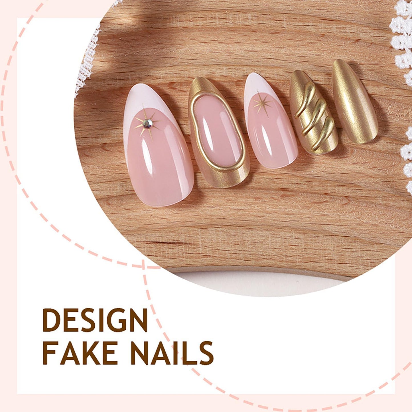 RUOKEXIN Almond Press on Nails Medium Fake Nails Gold False Nails with 3D Rhinestones Designs French Tip Nail Press ons Sparkly Artificial Nails for Women 24Pcs