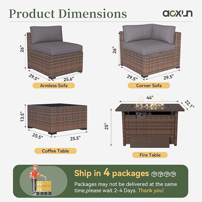 Aoxun 11 Piece Patio Furniture Set with 44” Fire Pit Table Wicker Rattan Outdoor Sectional Sofa Set with Coffee Table and Thickened Cushions, Gray (Waterproof Cover Included)