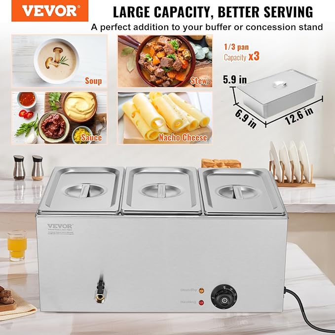 VEVOR 3-Pan Commercial Food Warmer, 24QT Electric Steam Table, 1200W Professional Countertop Stainless Steel Buffet Bain Marie with 86-185°F Temp Control for Catering and Restaurants, Silver