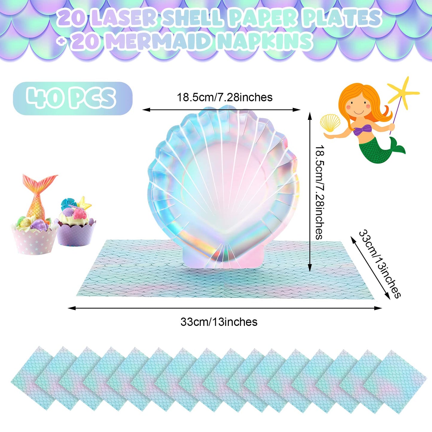 Gersoniel 40 Pcs Iridescent Mermaid Party Supplies Set, 20 Clam Shell Plates and 20 Scales Napkins Mermaid Party Decorations Disposable Paper Plates and Napkins Seashell for Birthday (Shell)