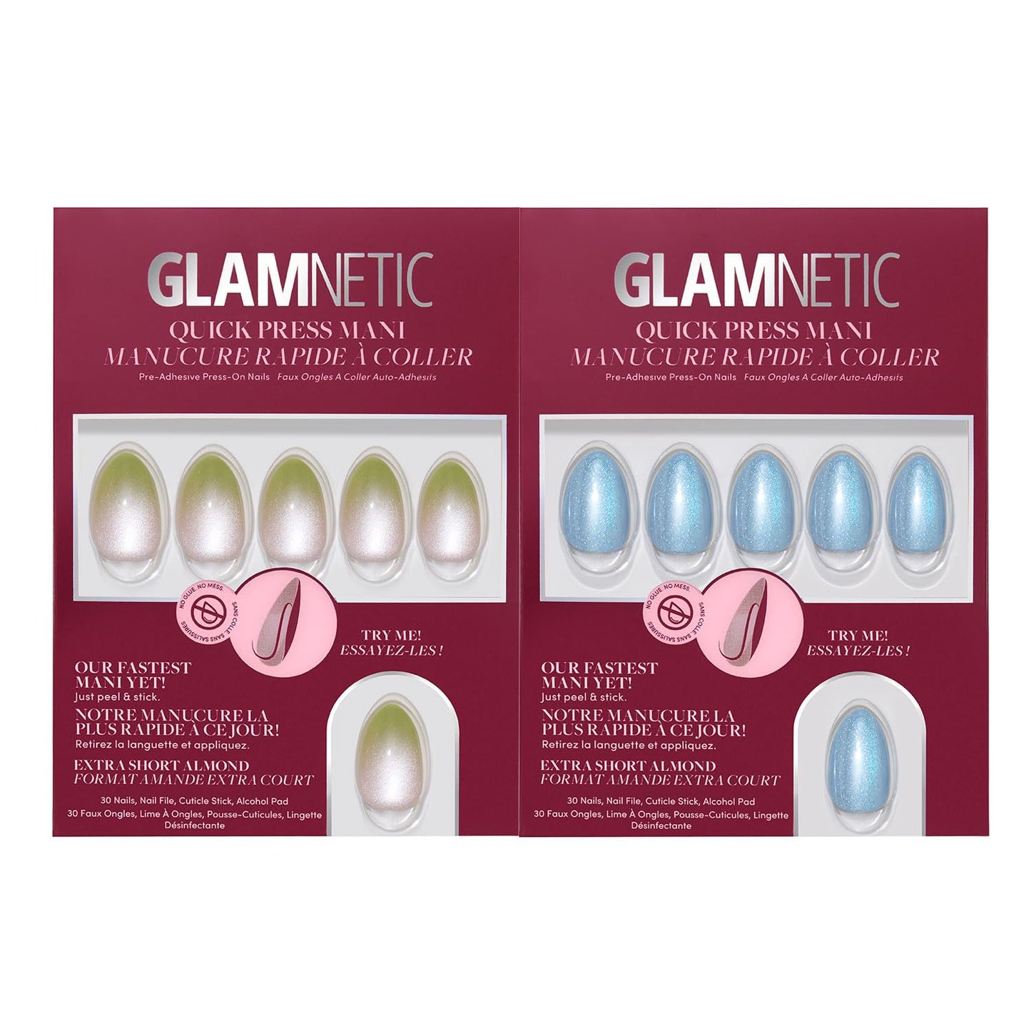 Glamnetic Quick Press Mani Bundle - No Glue Press On Nails, Just Peel and Stick | Lime Beam & Ocean Prism | Mess Free Salon Quality Stick On Nails | Almond Extra Short Nails