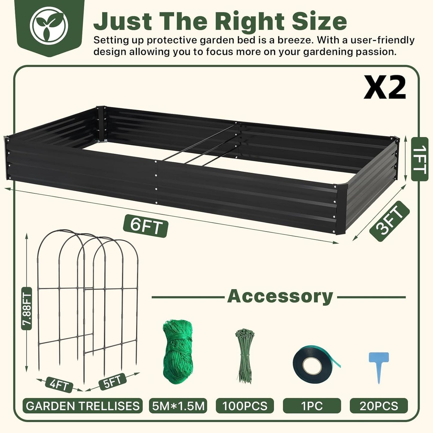 DTIG Galvanized Raised Garden Bed with Trellis, 6×3×1 FT 2 Pack Outdoor Garden Bed, Upgraded 4×3 Support, Black