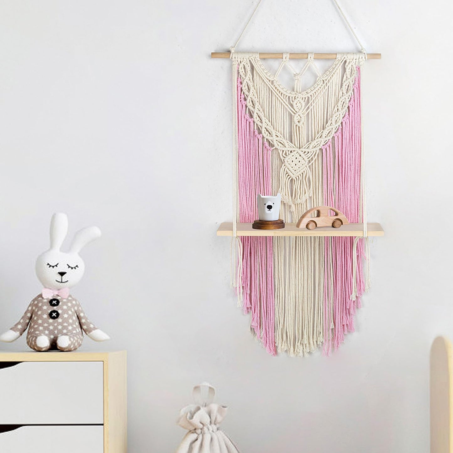 HVEST Pink Macrame Wall Hanging Shelf Boho Wall Decor Floating Storage Book Shelf Pink and Beige Handmade Woven Tapestry for Bedroom Living Room Dorm Nursery Bathroom Wall Art Macrame Plant Hanger