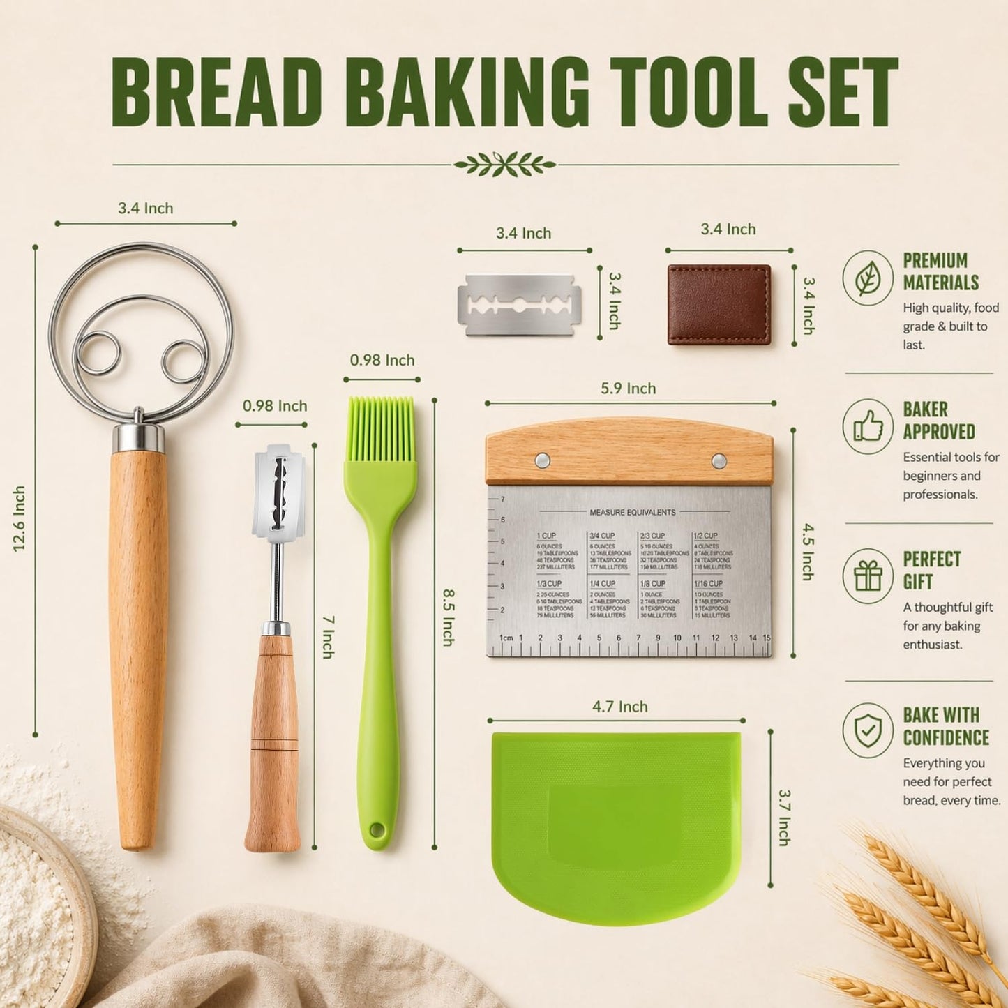 BOORIKA Sourdough Bread Baking Tool Set with Danish Dough Whisk, Bread Lame & Blades, Bench Scraper, Dough Scrapers and Silicone Brush – Sourdough Starter Kit