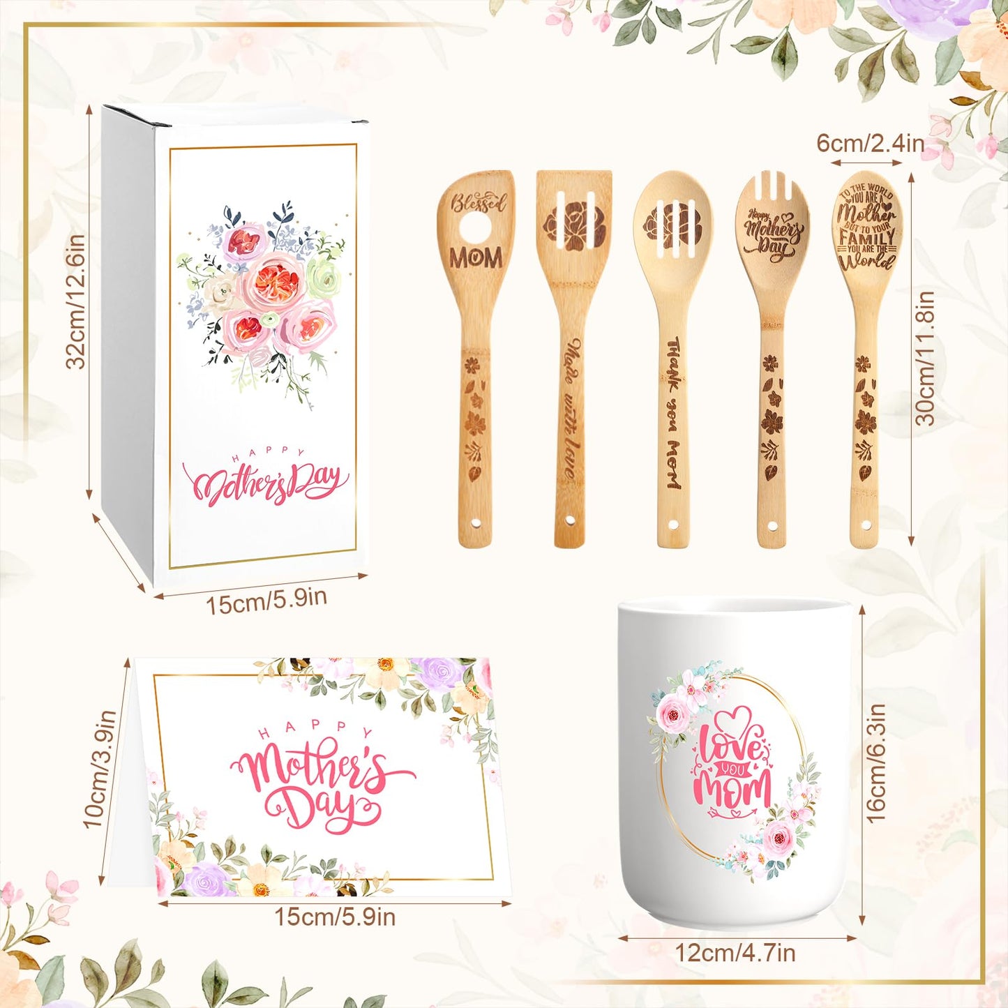 Baderke 8 Pcs Mother's Day Gifts for Mom Ceramic Utensil Holder with Wooden Spoon Set Kitchen Gadget Utensil Wooden Spatulas Set Cooking Mom Gift Cooking Tool for Hostesses Warming Kitchen Accessories