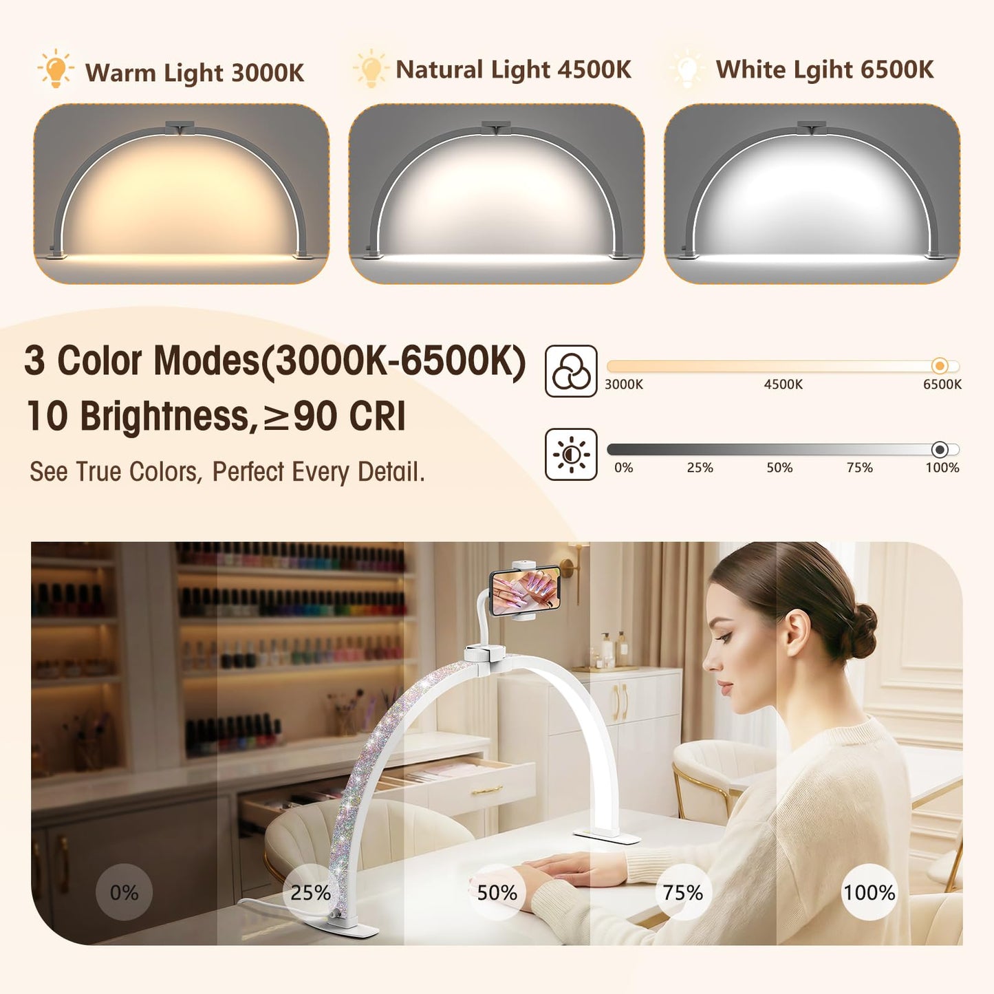 LIONVISON Half Moon Light for Desk: 29" Foldable Nail Light for Desk with Phone Holder - 3000K-6500K 3 Color Modes 10 Brightness for Salon Nail Technicians & Home DIY Manicure Enthusiasts (Diamond)