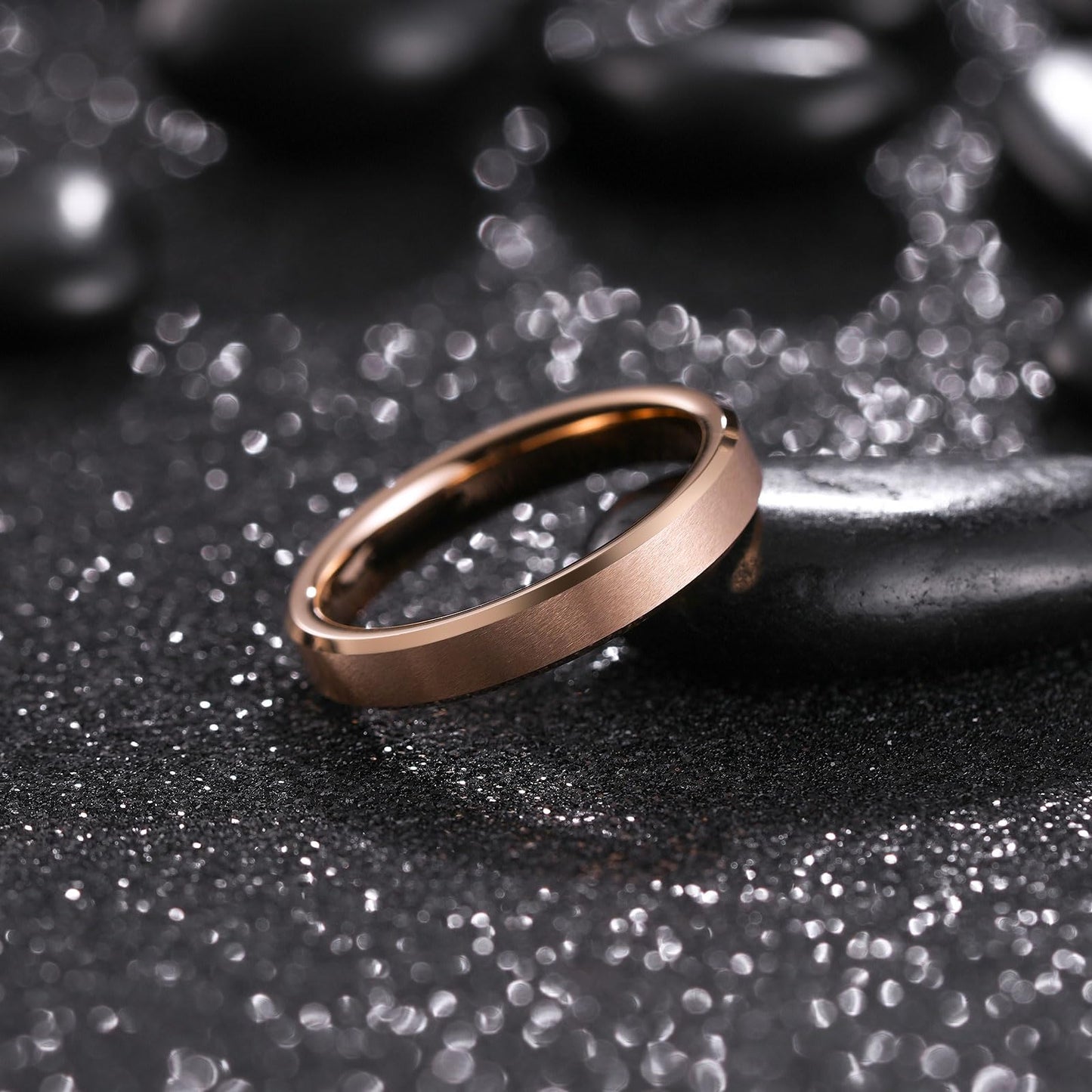King Will Rose Gold Basic Tungsten Rings For Men Women 4mm Wedding Band Polished Edge Brushed Matte Promise Ring Comfort Fit, size 7