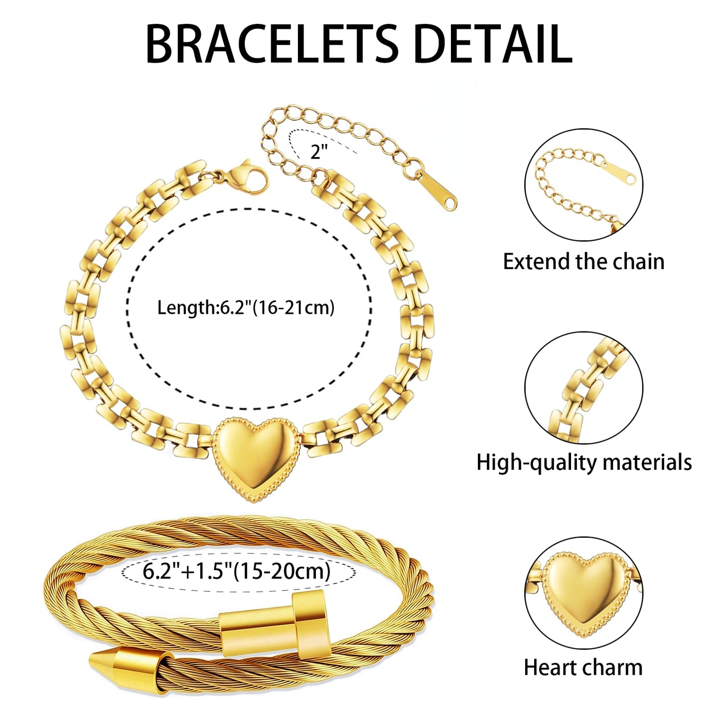 LCTrusttmor Gahna Heart Bracelets for Women, Stackable 18K Gold Plated Heart Charm with Adjustable Link Chain Set Trendy Jewelry Gifts