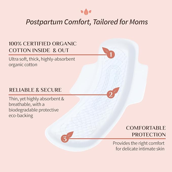 Organyc Home Postpartum Pads, Certified Organic Cotton Pads for Women, Large Pads for Heavy Flow Days After Childbirth, 14 Counts