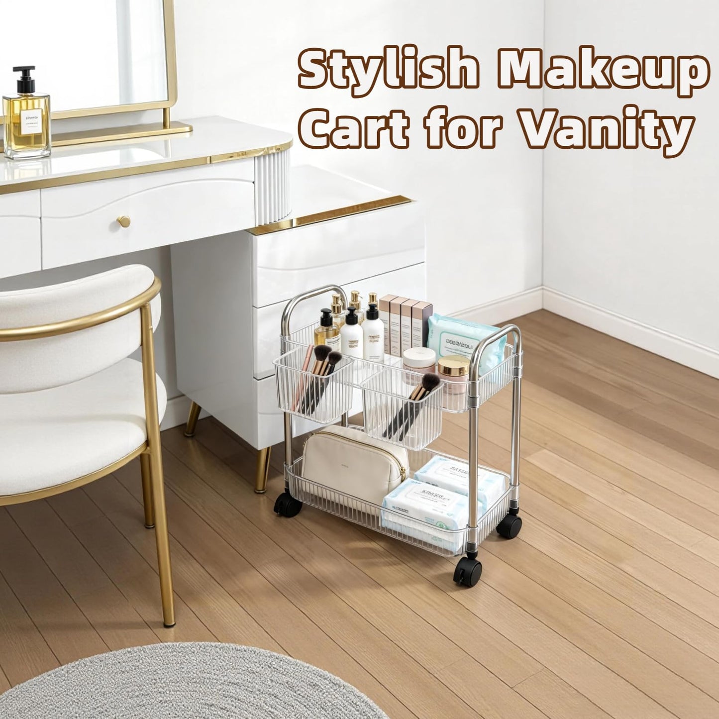 Ufriandz 2 Tier Utility Rolling Cart with Wheels Sofa Side Table Small Under Desk Storage Organizer, Clear Acrylic Plastic Mobile Trolley Organization Storage Cart for Kitchen Pantry Bathroom Vanity