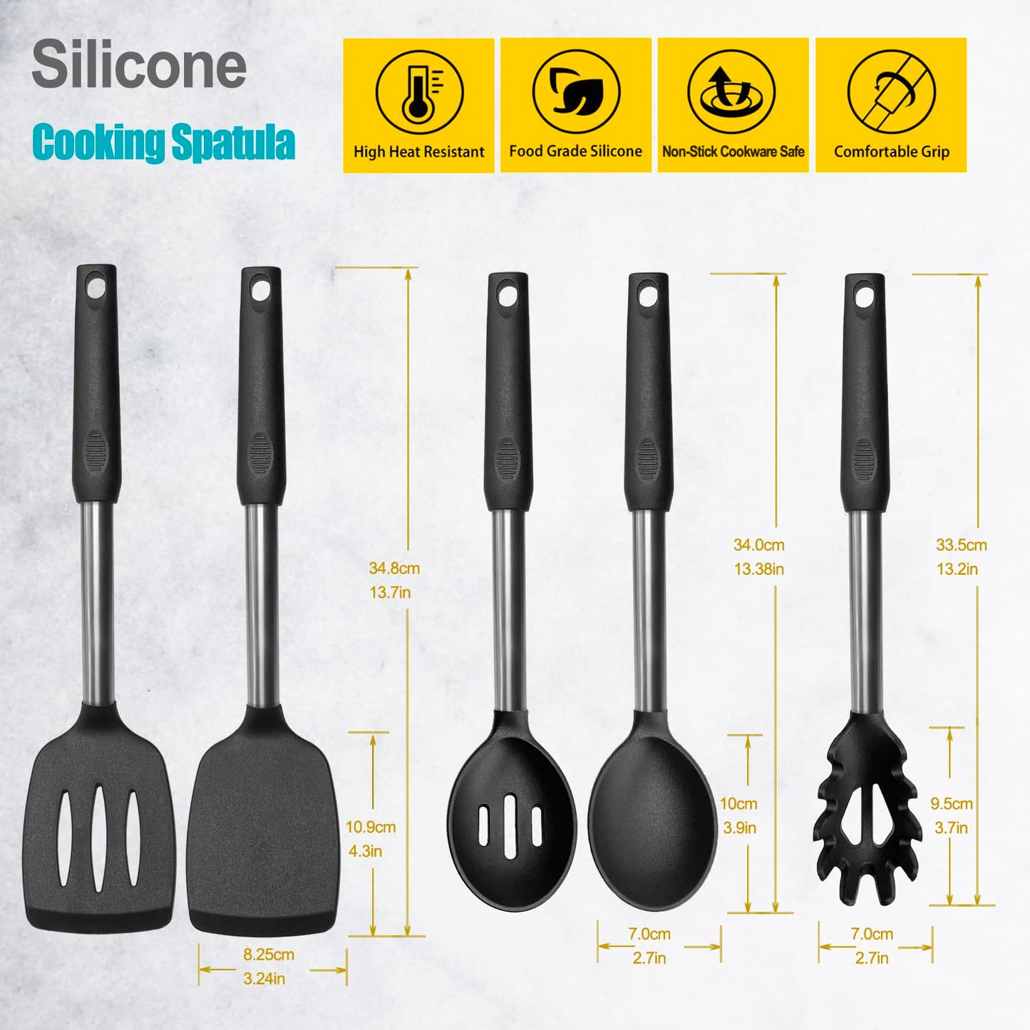 Silicone Spatula and Cooking Spoon,5 Pack Non-Stick Cooking Utensils for Kitchen，Heat Resistant Solid & Slotted Spoons and Spatulas, Stainless Steel Handle Coated with Silicone,Black