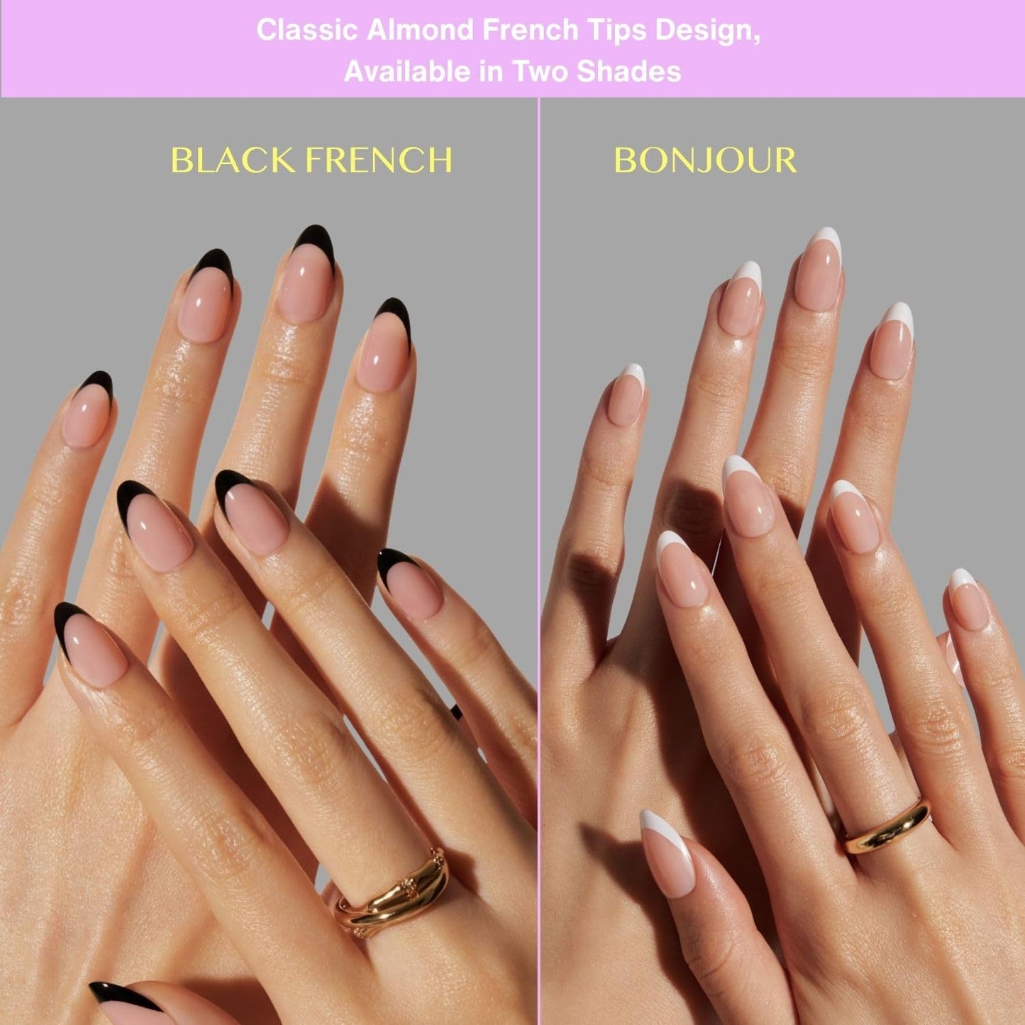 LAMIMOSA 32Pcs French Tip Press on Nails Short Almond - Soft Gel Fake Nails in 16 Sizes, Reusable Semi-Transparent Glue on Nails Kit, BONJOUR!