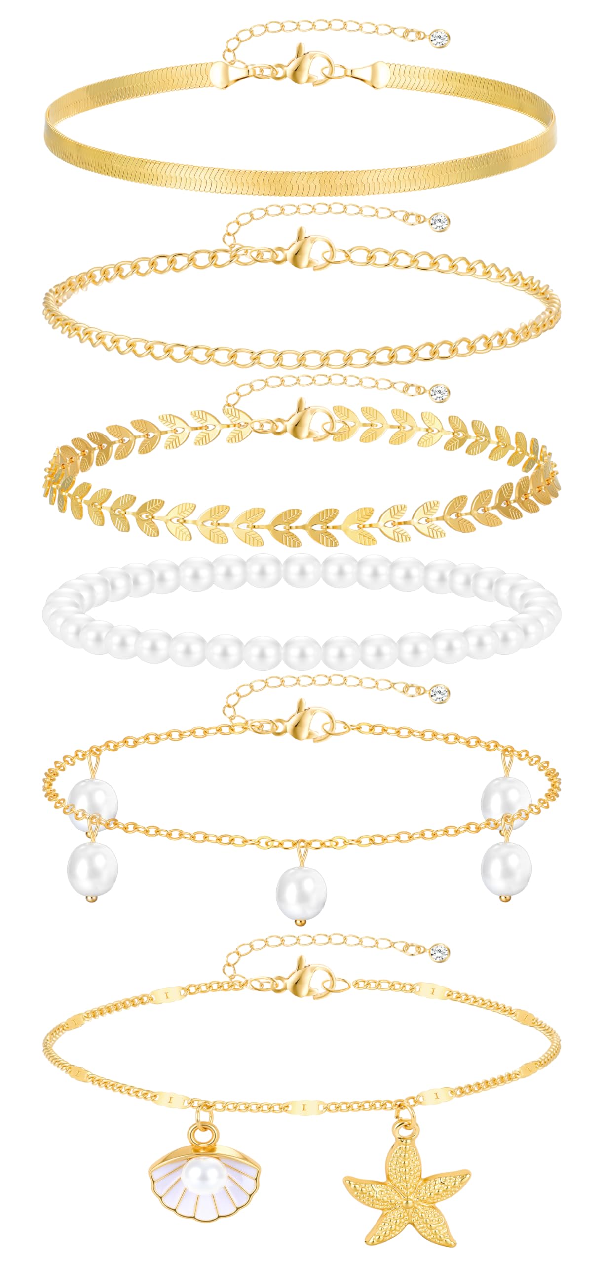 FAXHION Gold Ankle Bracelets for Women Waterproof, Shell Pearl Bead Cuban Link Chain Adjustable Anklets Set, Hawaiian Boho Anklet Beach Jewelry Gift for Women
