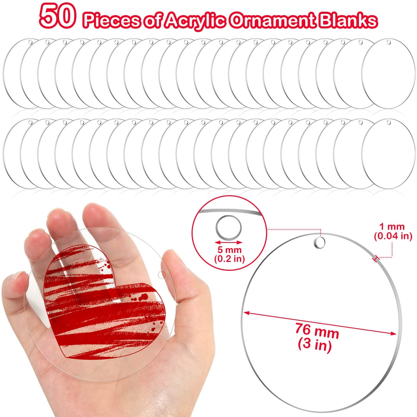 Caffox 50Pcs Acrylic Ornament Blanks, 3 Inch Round Circle Bulk for Vinyl Clear Discs Keychain with Hole Engraving DIY Projects and Art Crafts, 0.04 Inch Thick Acrylic Blanks