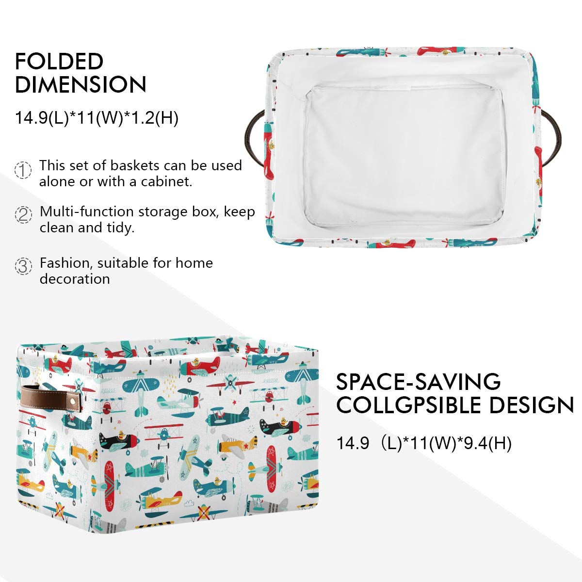 Storage Basket Cube Cartoon Airplane Helicopter Large Collapsible Toys Storage Box Bin Laundry Organizer for Closet Shelf Nursery Kids Bedroom,15x11x9.5 in,1 Pack