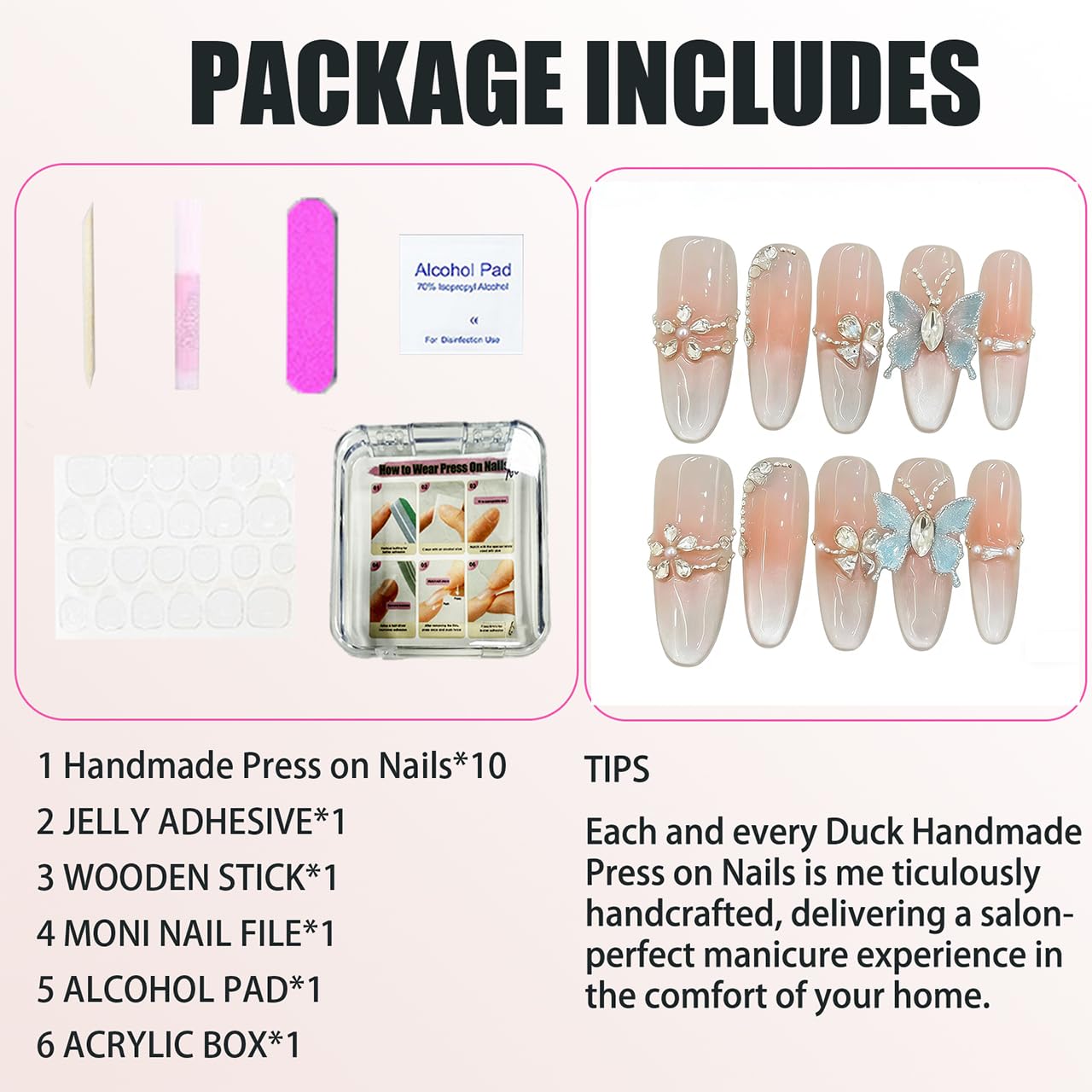 NEUQL Stiletto Elegant Almond Shaped Nails in Pink and White Embellished with Rhinestone Butterflies Handmade Stiletto Press on Nails 3D Luxury Press on Nails (S) - 10 Pieces