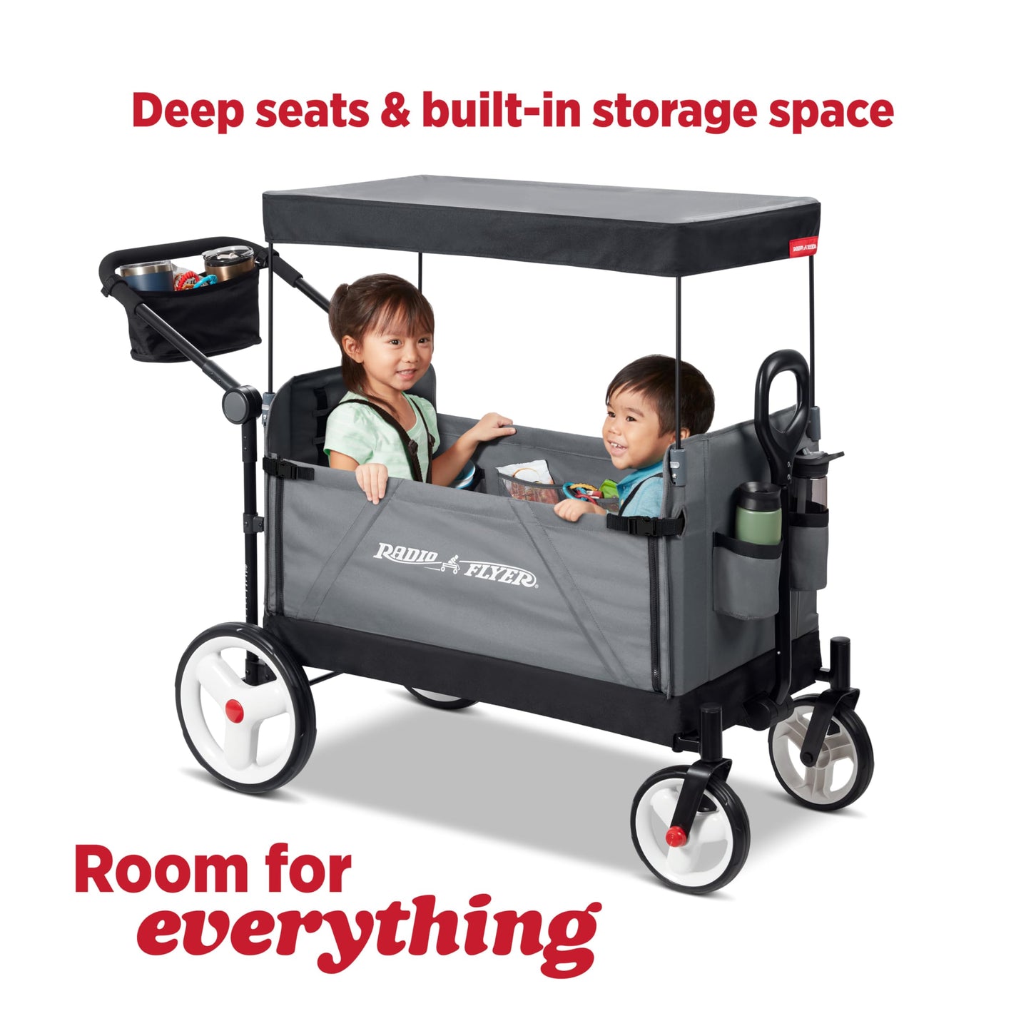 Radio Flyer City Luxe Stroll 'N Wagon, for Ages 1+, 3-in-1 Push or Pull, with Bench Mode, Easy Fold, UV Canopy, 5-Point Harnesses, Front Caster Wheels & 12" Rear Wheels, Stroller Wagon for Kids