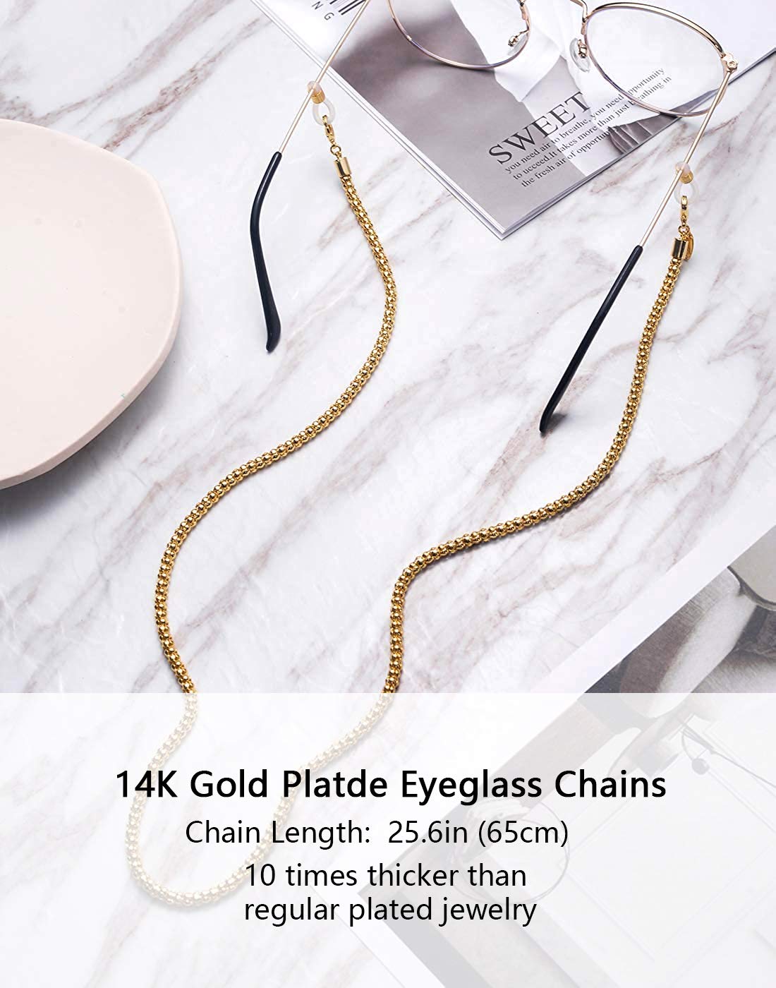AllenCOCO 14K Gold Plated Glowing Eyeglass Chains Sunglass Retainer Strap Eyewear Retainer Eyeglass Strap Holder for Women