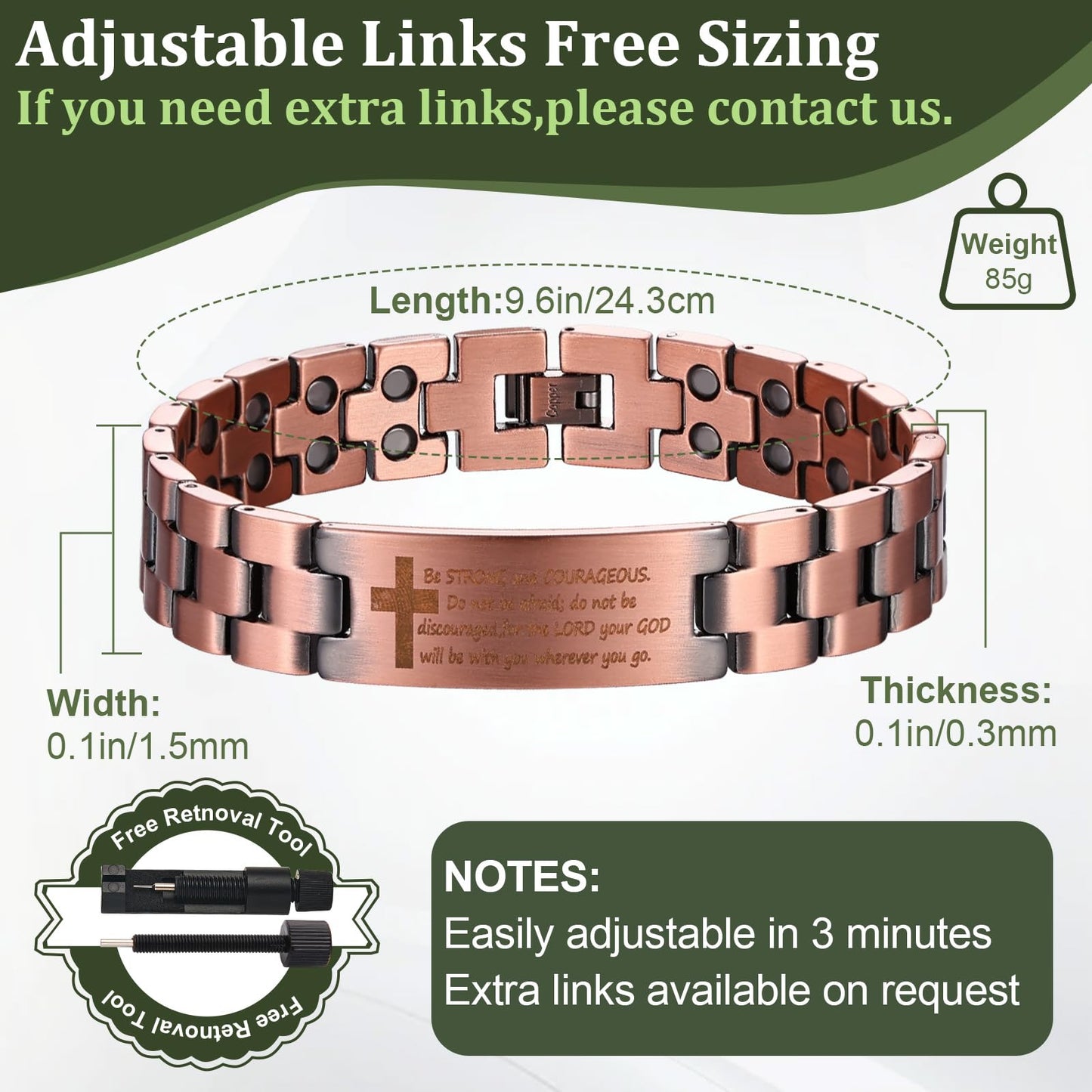 Fashtour Copper Magnetic Cross Bracelet for Men - Ultra Strength Magnetic Mens Cross - With Size Adjustment Tool (Joshua 1:9)
