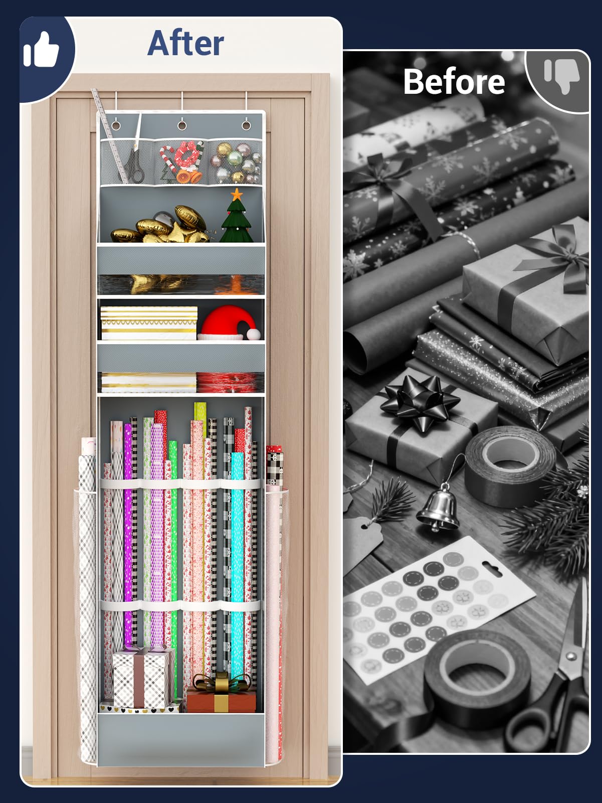 PHOTOONE Hanging Gift Wrapping Paper Storage, Christmas Wrapper Bag Container, Long Craft Roll Organizer, Present Wrap Holder for Closet, Door, Grey