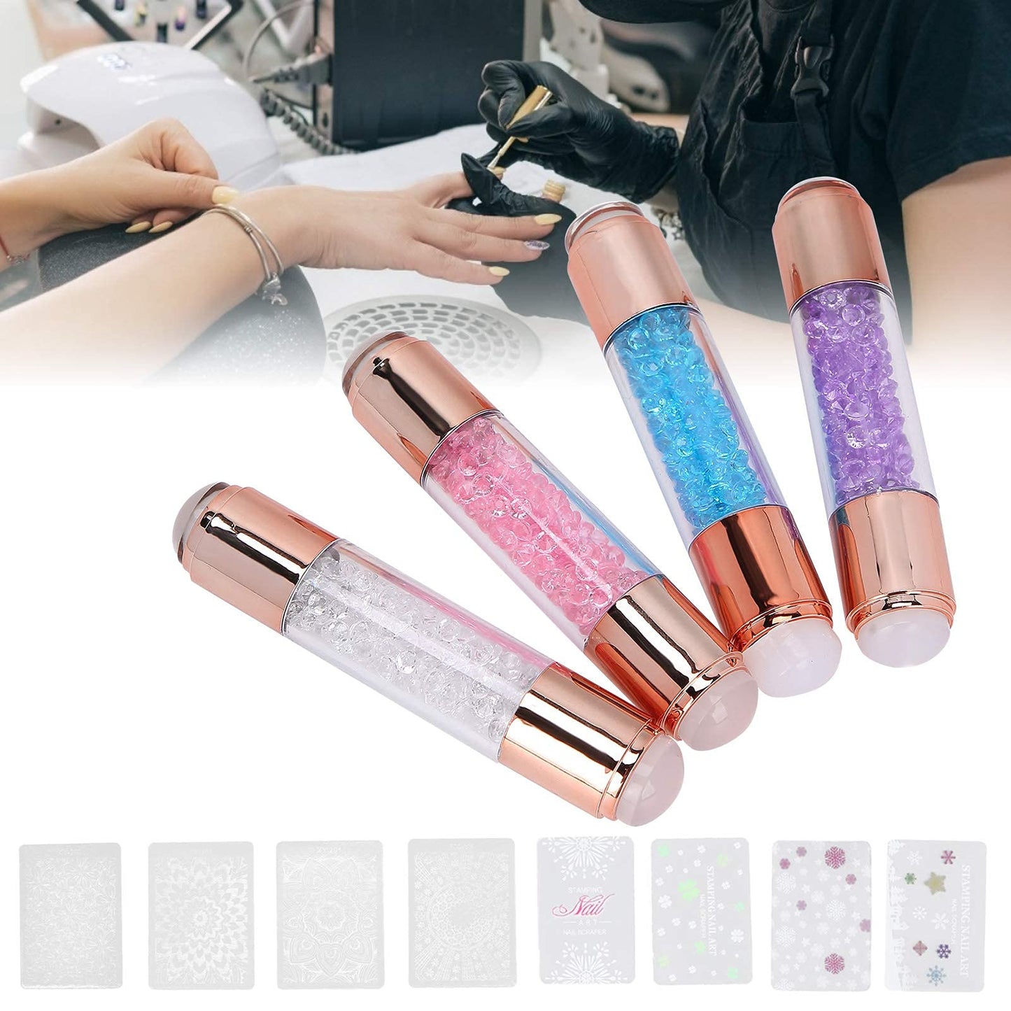 4Sets Dual Ended Nail Stamper Kit, Manicure Art Stampers Silicone Stamp Pens Double Ended W/Nail Seal Plate for Home Nail Salon Manicure Tools DIY Nail Art Designs