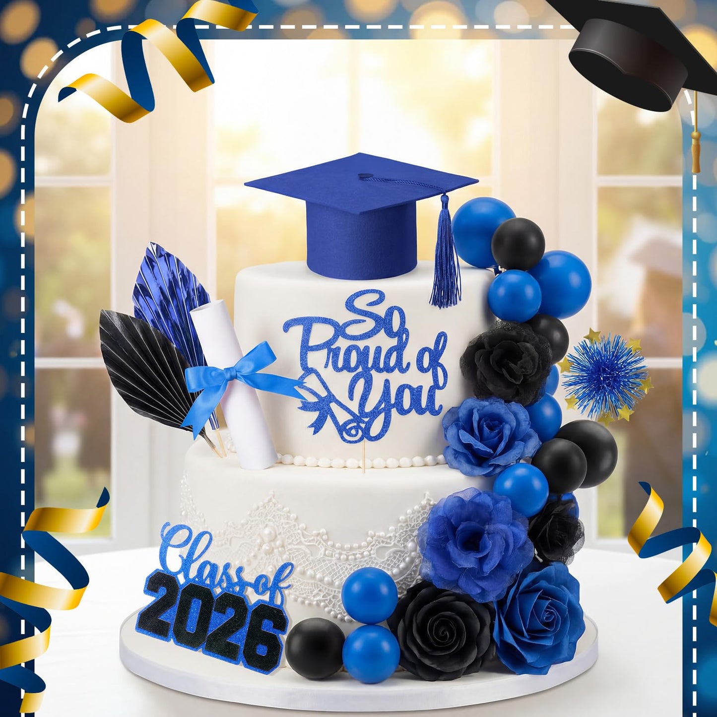 Sureio 48 Pcs Graduation Cake Toppers Class of 2026 Congrats Grad Cake Decor Graduation Cap Diploma Artificial Flower Card Ball Palm Leaves Firework Stick Kit for Theme Party Supplies (Blue, Black)