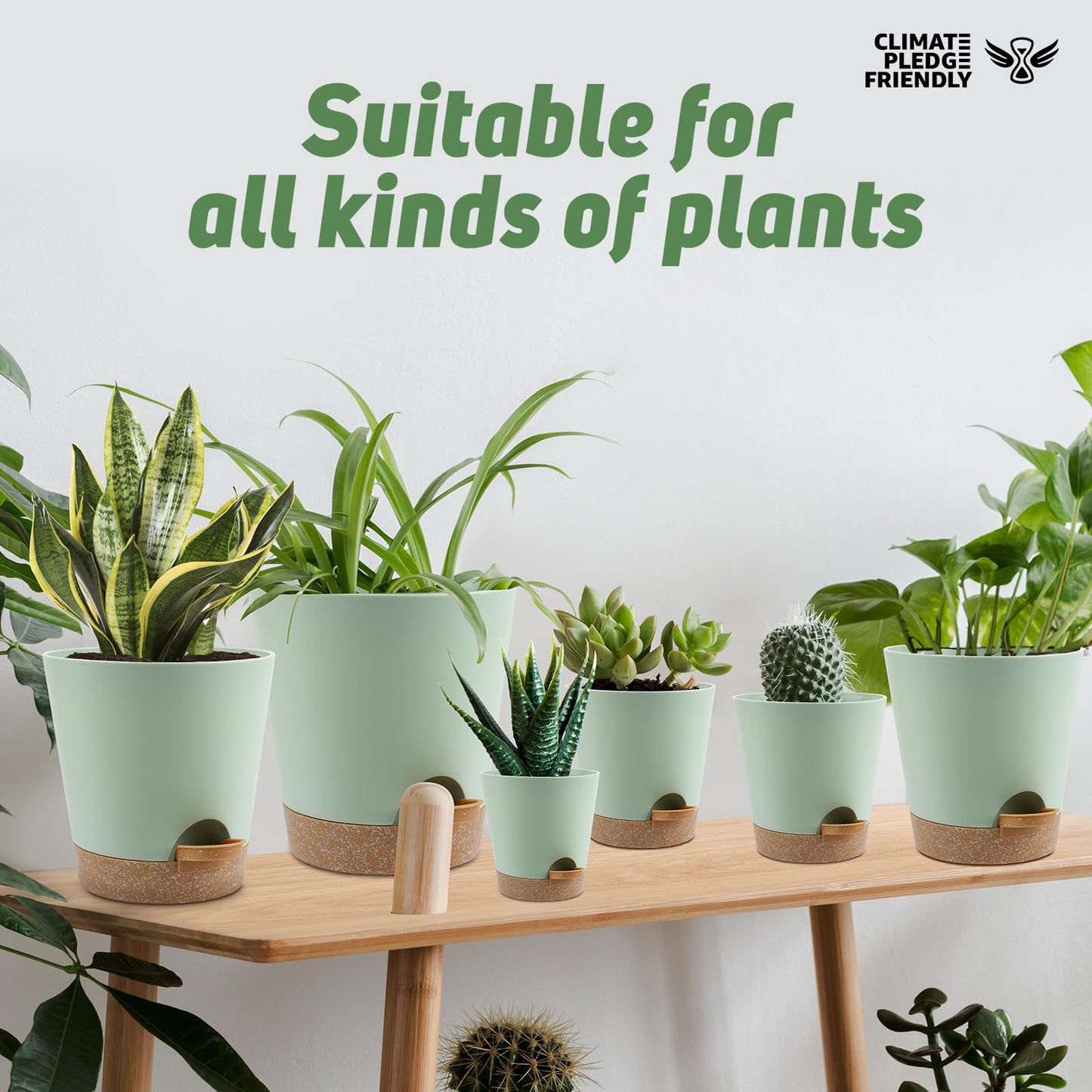 YNNICO Indoor Self Watering Planters with Drainage Holes and Saucers, 8, 7, 6.5, 6, 5.5, 5 Inches, Green, 6 Pots.