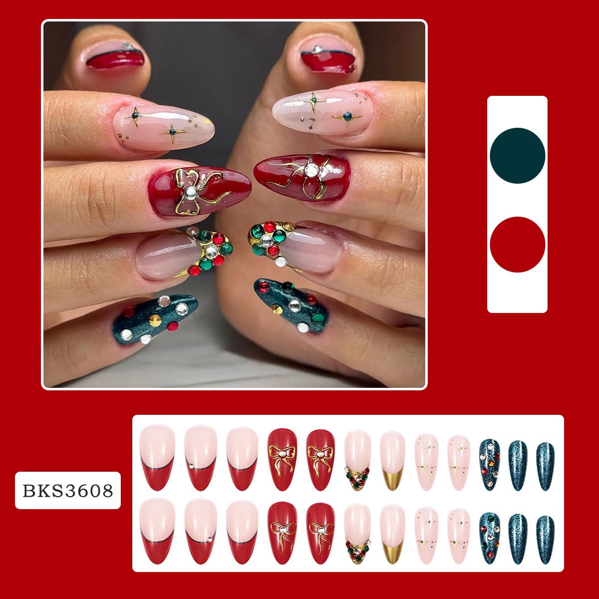plalely Almond Press on False Nails Long Christmas Press on False Nails Sparkly Xmas Glitter with 3D Charm Christmas Stick on Nail Tips for Women 24pcs