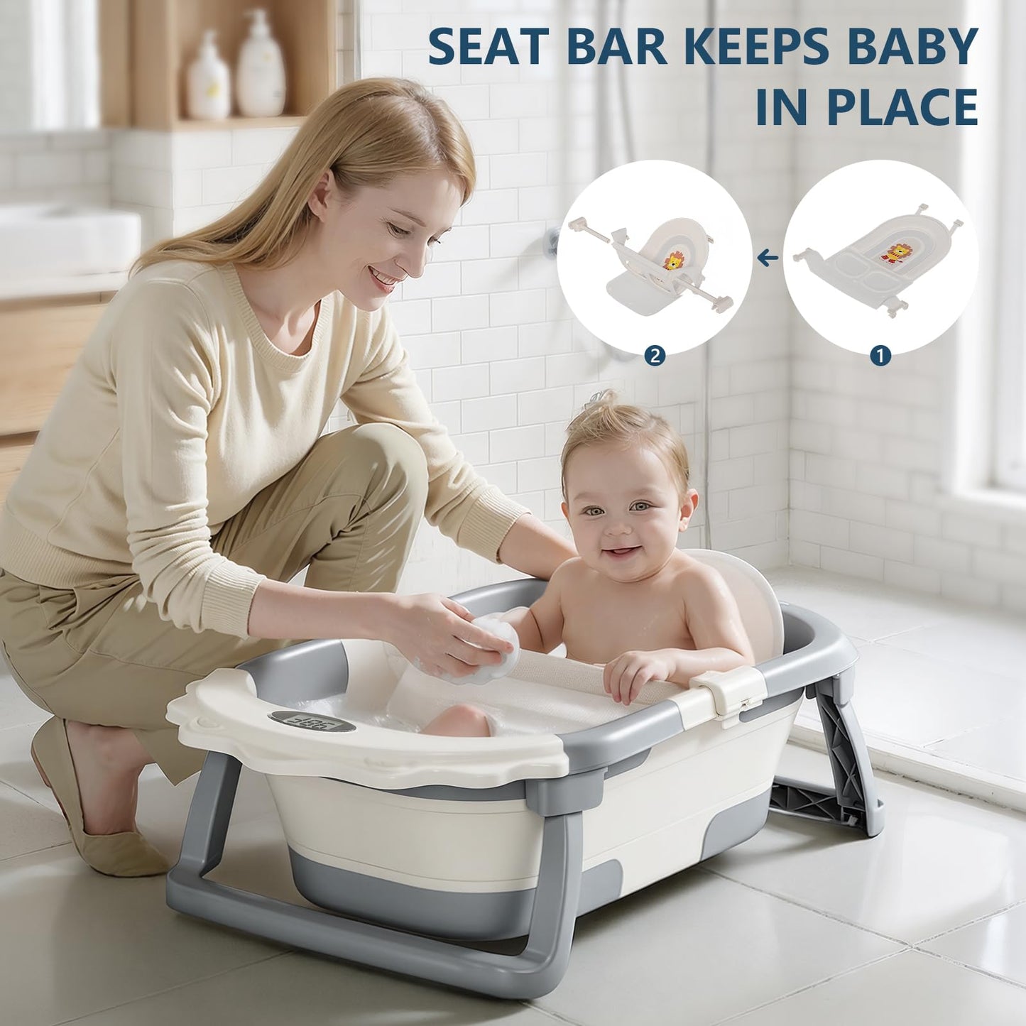 MoreFeel Foldable Baby Bathtub with Thermometer - 4-in-1 Grow-with-Me Collapsible Infant Tub (Newborn to Toddler) with Adjustable Mesh Sling - Space Saving Design