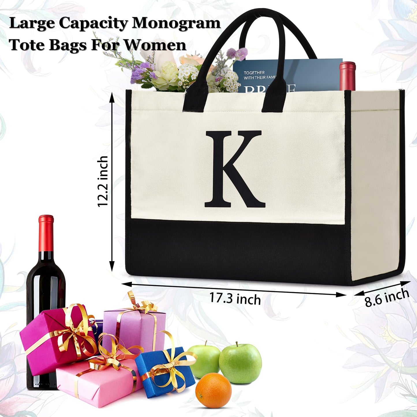 GASSDA Initial Canvas Tote Bag, Birthday Gifts For Women, Monogram Personalized Gifts For Women Mom Teachers Bridesmaids (K 3PCS)
