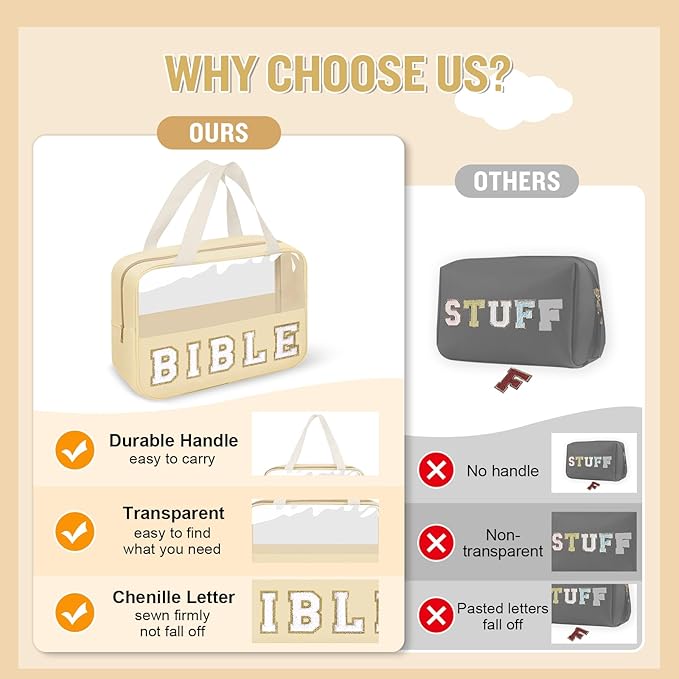 Chenille Letter Bible Bag Cover Case for Women,Preppy Bible Study Supplies Church Bag Purse Bible Accessories with Handle Zipper,Waterpoof Travel Makeup Bag Christmas Christian Gifts(BIBLE-Beige)