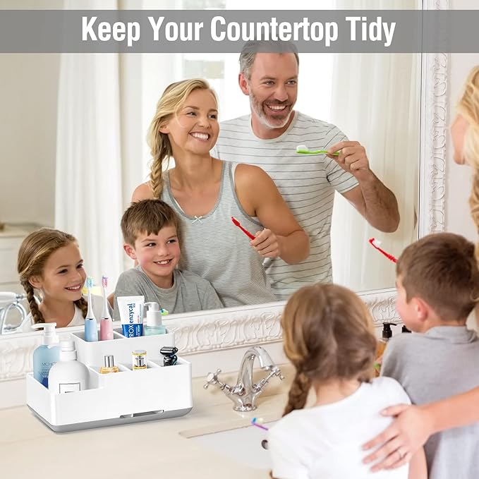 Electric Toothbrush Holder, Detachable Non-Slip Bathroom Organizer Countertop with 6 Compartments and Drainage Holes Bathroom Organizer for Bathroom, Kitchen, and Family