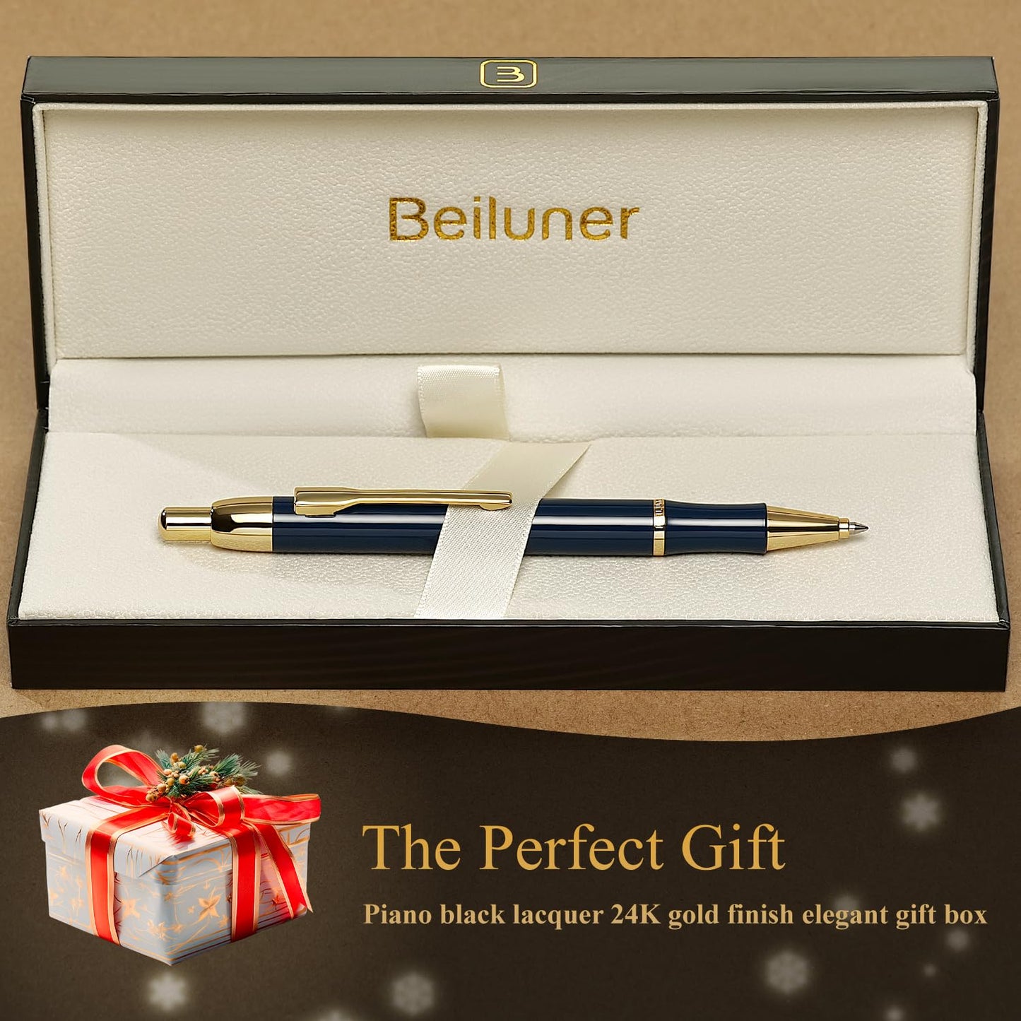 BEILUNER Luxury Gel Pen with 24K Gold Electroplating Finish, Blue Piano Lacquer, Luxury Grade Craftsmanship, Best Gel Pen Gift Set for Men and Women