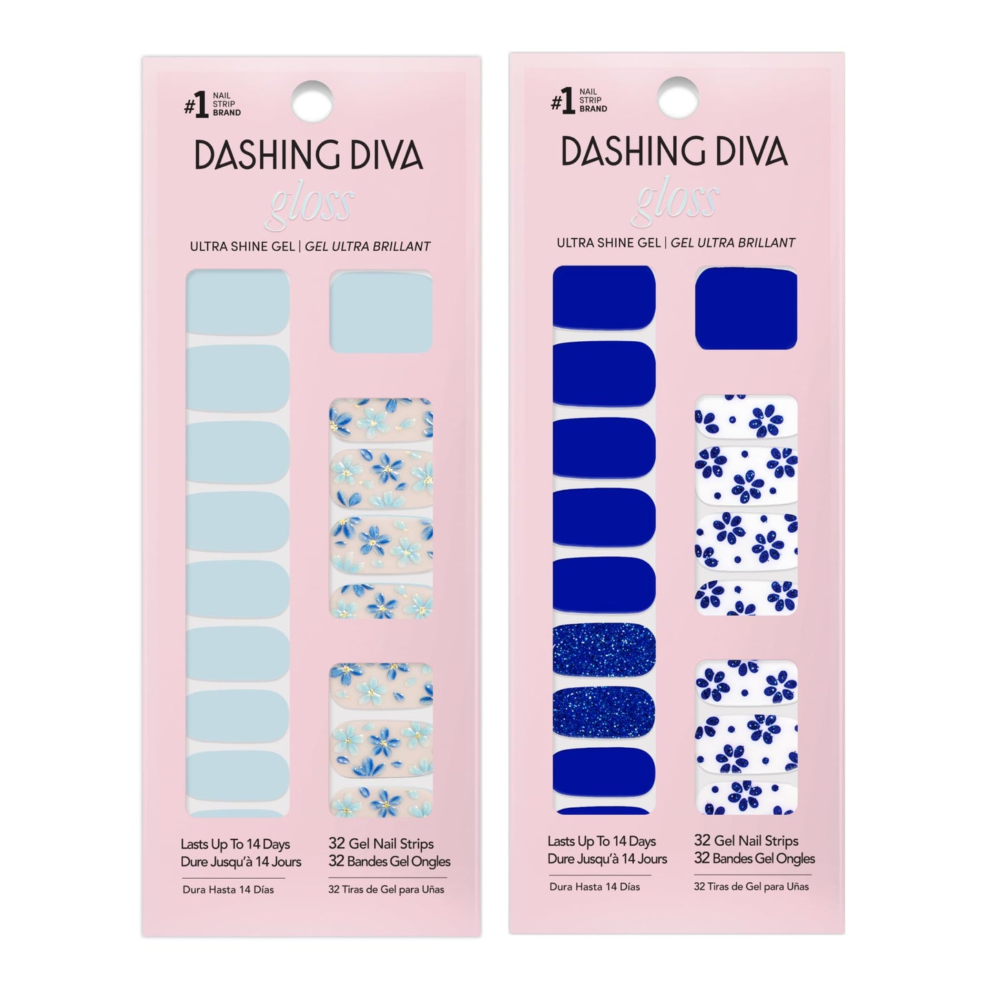 Dashing Diva Gloss Nail Strips Bundle - The Blue Blossom Collection - June Bloom & Flor Azul - UV Free, Chip Resistant, Long Lasting Gel Stickers - Contains 2 Sets