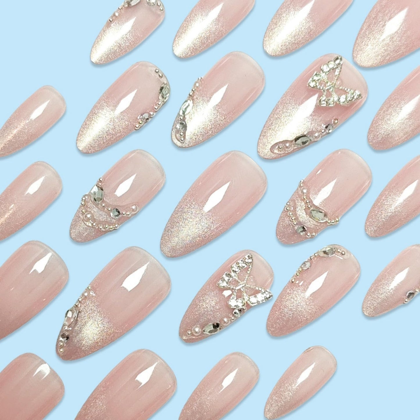 Medium Press on Nails Almond Fake Nails Ombre French Tip Artificial Nail Cute with Butterfly Designs Stick on Nail for Women 24pcs