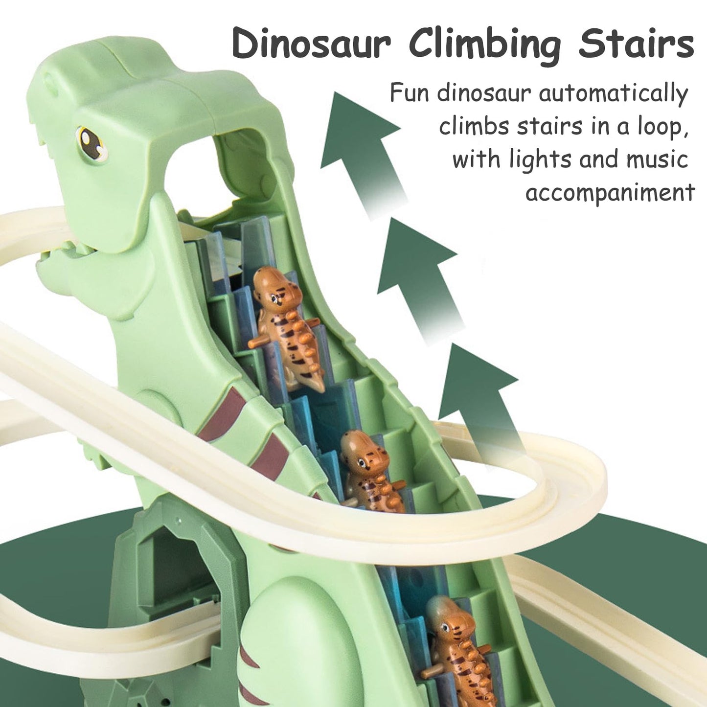 Dinosaur Chasing Race Track, Dinosaur Climbing Slide Stair Toy, Electric Dino Roller Coaster with Light and Music Electric Race Track Game Set Fun Track Slide