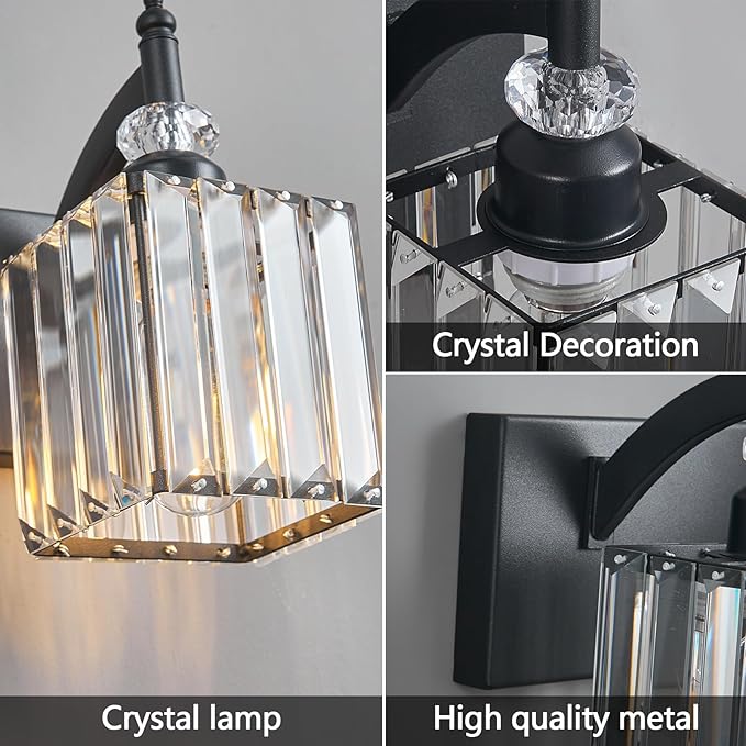 BBLLWJ Modern Bathroom Vanity Light 3-Light Black Crystal Light Fixtures Over Mirror for Bathroom Wall Sconce